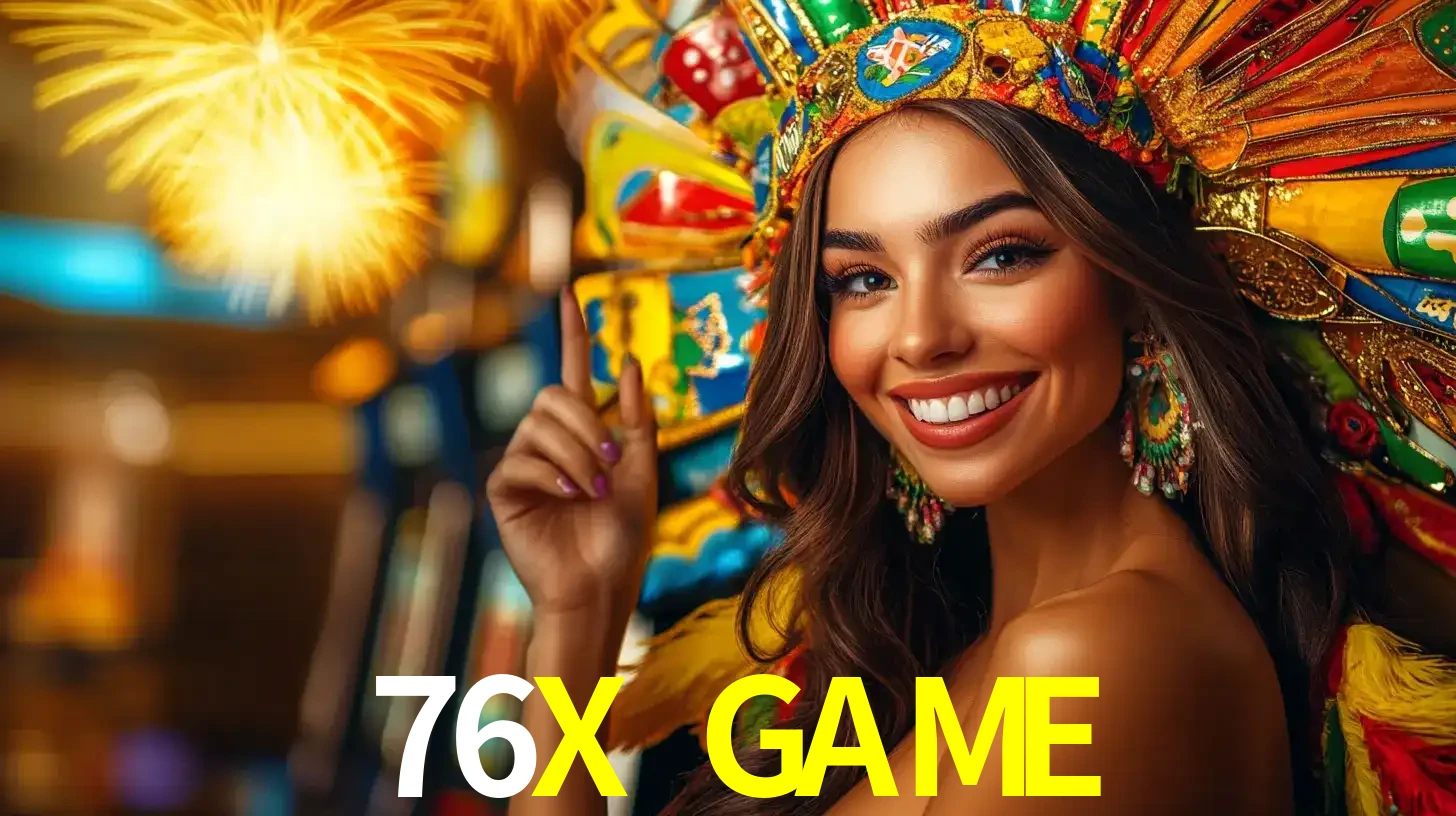 Mulher sorridente com um cocar de carnaval vibrante e colorido, celebrando uma grande vitória nos jogos do cassino 76X GAME com fogos de artifício ao fundo.