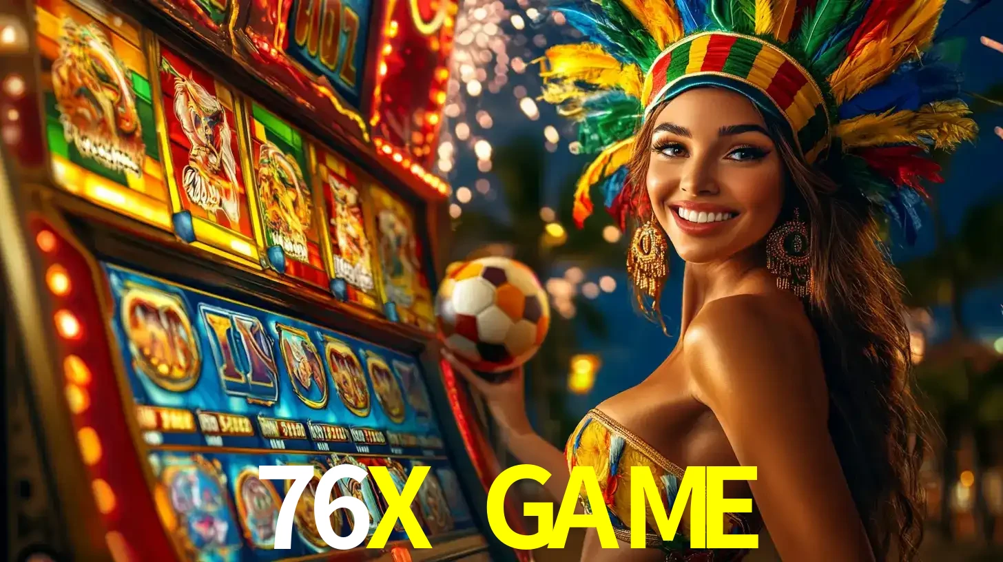 Mulher com um cocar de carnaval ao lado de uma máquina de caça-níqueis enquanto segura uma bola de futebol, mostrando a união da diversão de cassino e esportes no 76X GAME.