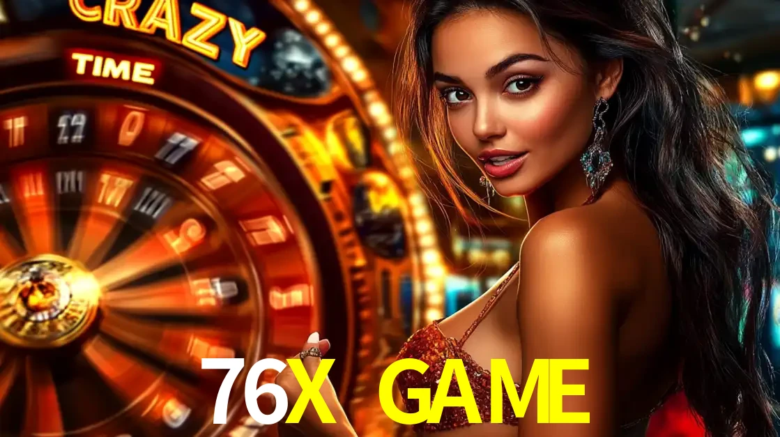 Mulher ao lado da roda de prêmios do jogo de cassino ao vivo Crazy Time, um dos shows de jogos mais emocionantes oferecidos pela plataforma de apostas 76X GAME.