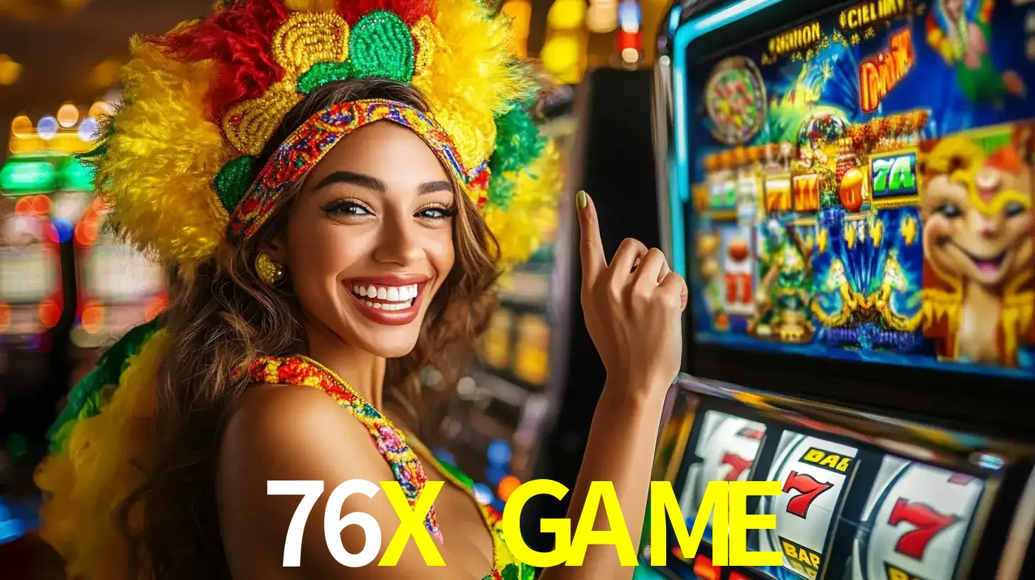 Mulher animada com um cocar de carnaval apontando para uma máquina de caça-níqueis, mostrando a emoção de ganhar um grande prêmio nos jogos do 76X GAME.