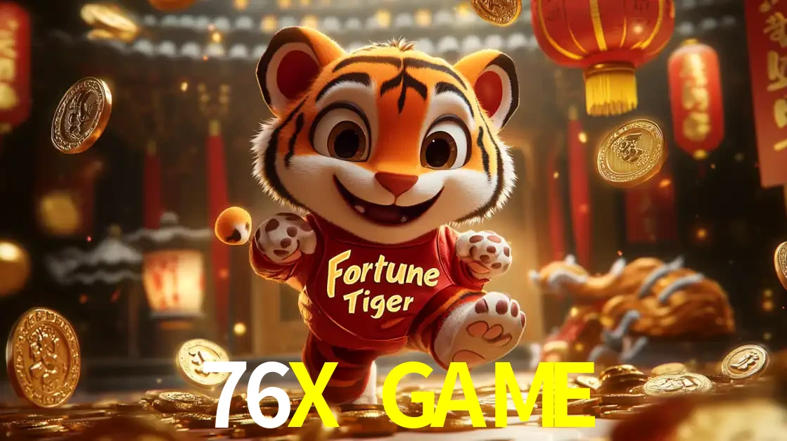 O alegre personagem do Fortune Tiger correndo sobre um caminho de moedas de ouro, simbolizando os grandes prêmios e a diversão do popular jogo de slot do 76X GAME.