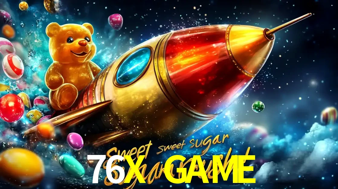 Arte promocional do jogo de slot Sugar Rush, com um urso de pelúcia em um foguete viajando pelo espaço de doces, um dos jogos divertidos disponíveis no cassino 76X GAME.