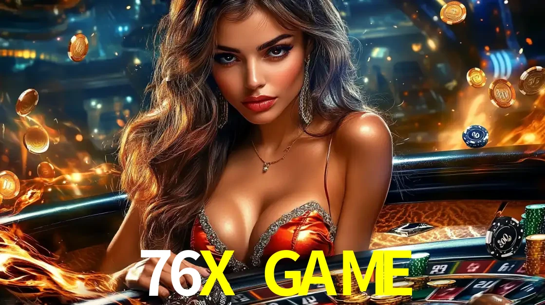 Mulher glamourosa em uma mesa de roleta com um fundo de chamas e moedas voadoras, pronta para fazer sua aposta e ganhar grandes prêmios no cassino ao vivo 76X GAME.