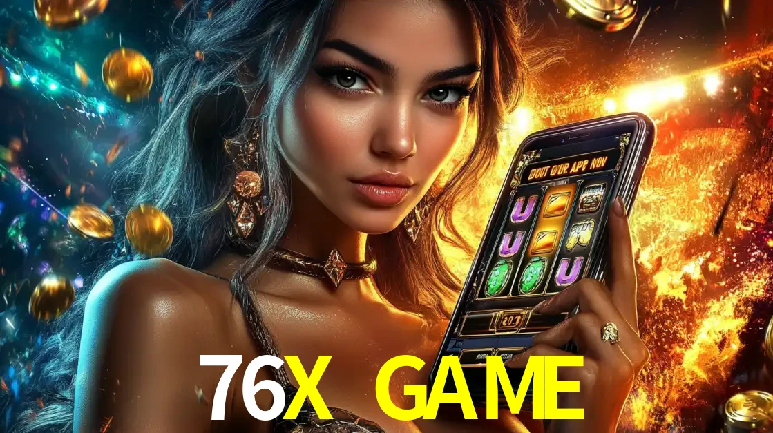 Mulher elegante mostrando um jogo de caça-níqueis em seu smartphone, destacando a experiência de cassino móvel oferecida pelo aplicativo 76X GAME.