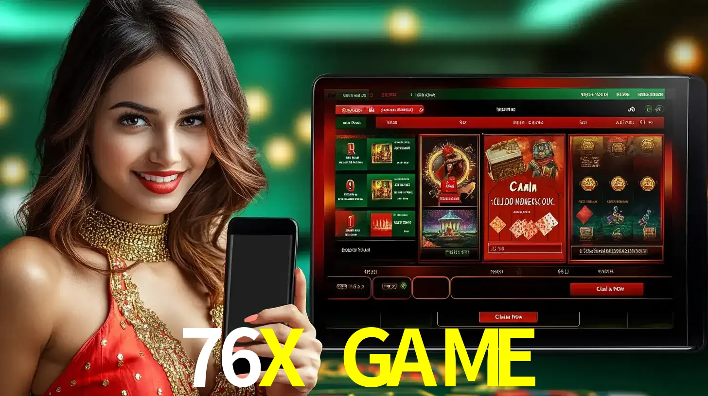 Mulher sorridente segurando um smartphone, ao lado de uma tela exibindo o lobby de jogos do cassino online 76X GAME, com várias opções de jogos de cartas e slots.